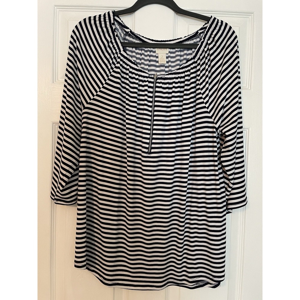 Chico's Woman's Shirt 2, 12 Black White Stripe Pullover Stretch Large Top Office